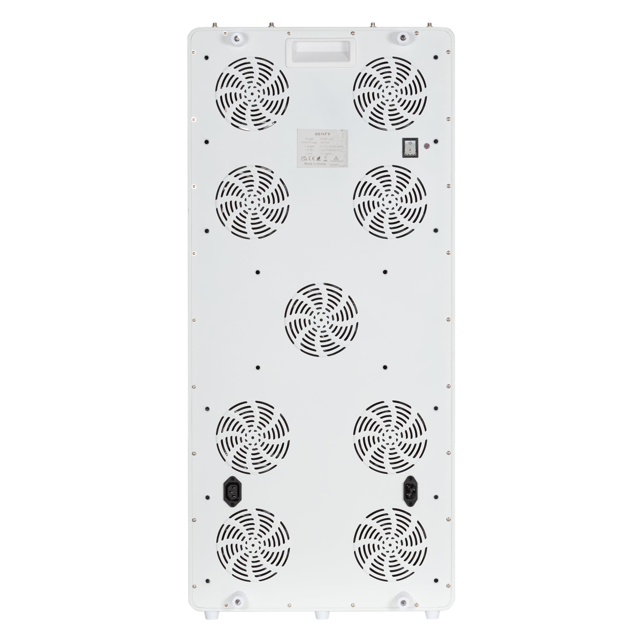 Rear view of the Resty MARS 1200 red light panel with nine cooling fans and controls