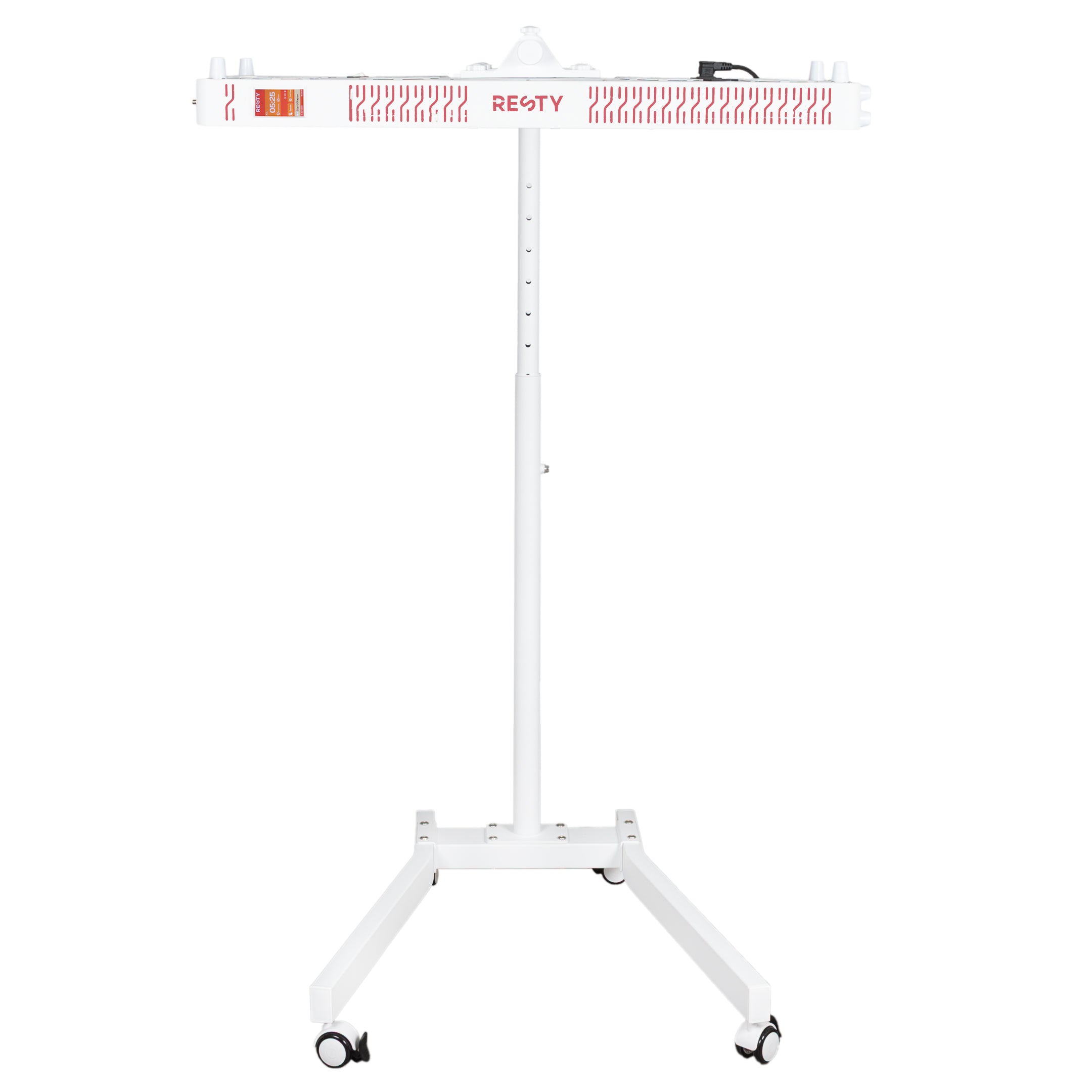 Side view of the Resty MARS 1200 red light panel mounted horizontally on a white wheeled stand