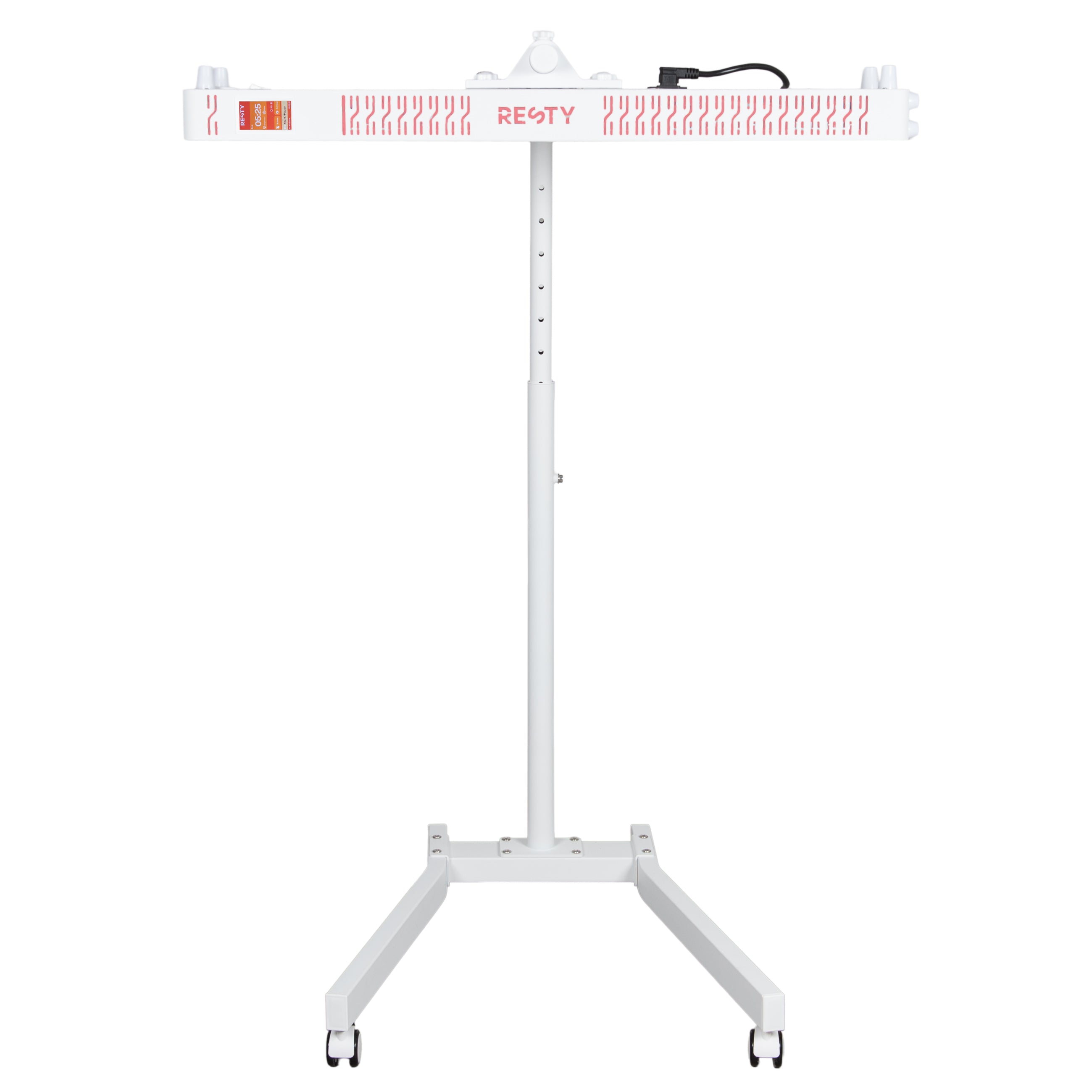 Side view of the Resty MARS 1000 red light panel mounted horizontally on a white wheeled stand