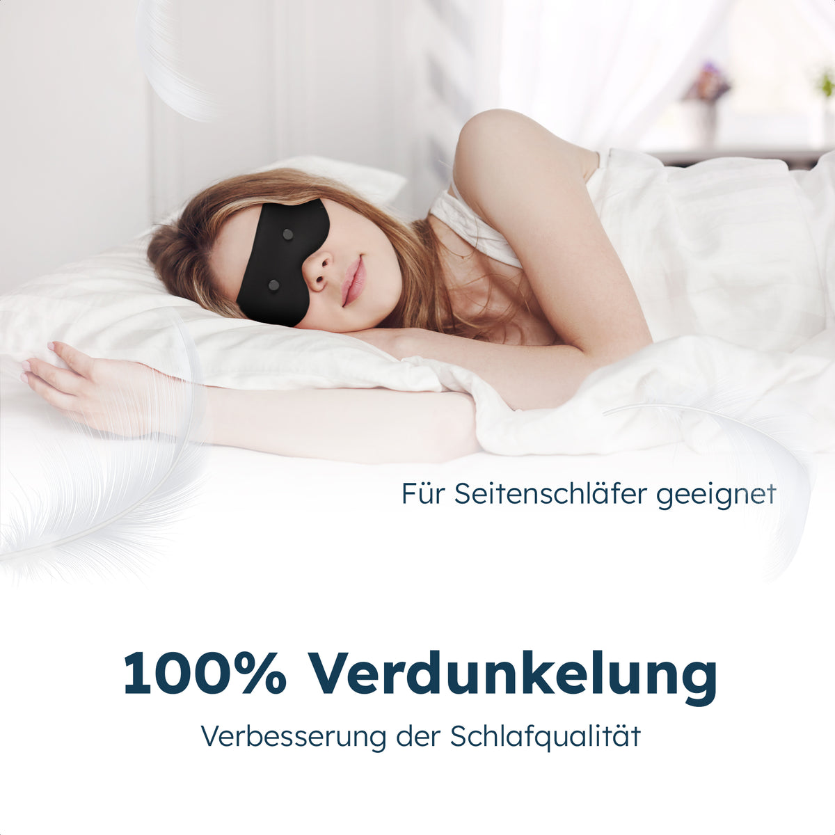 Frau schläft auf der Seite mit der schwarzen Resty 4D Schlafmaske: für Seitenschläfer geeignet