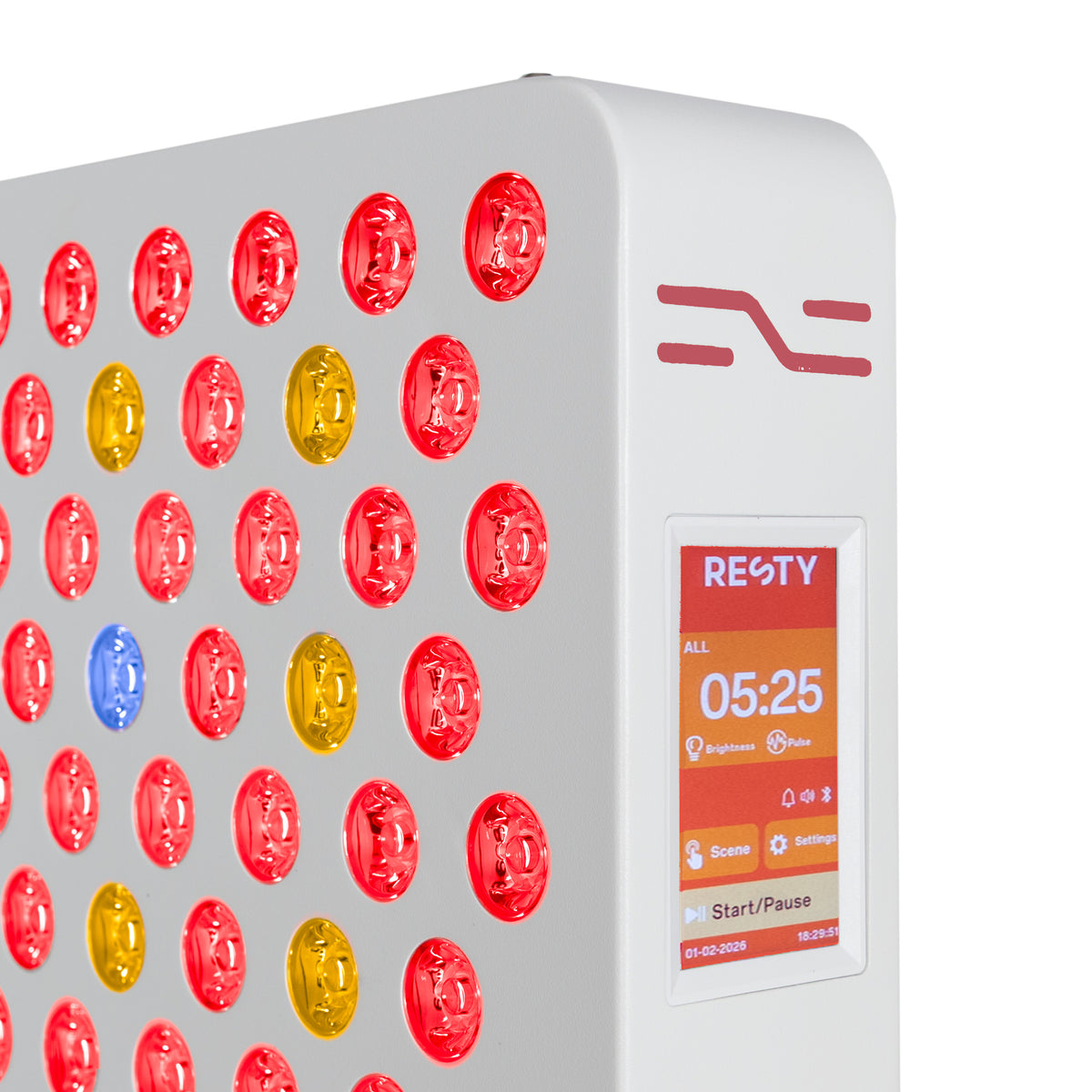 Panel de luz roja Resty MARS 600 encendido: primer plano de los LED rojos, ámbar y azules y de la pantalla táctil