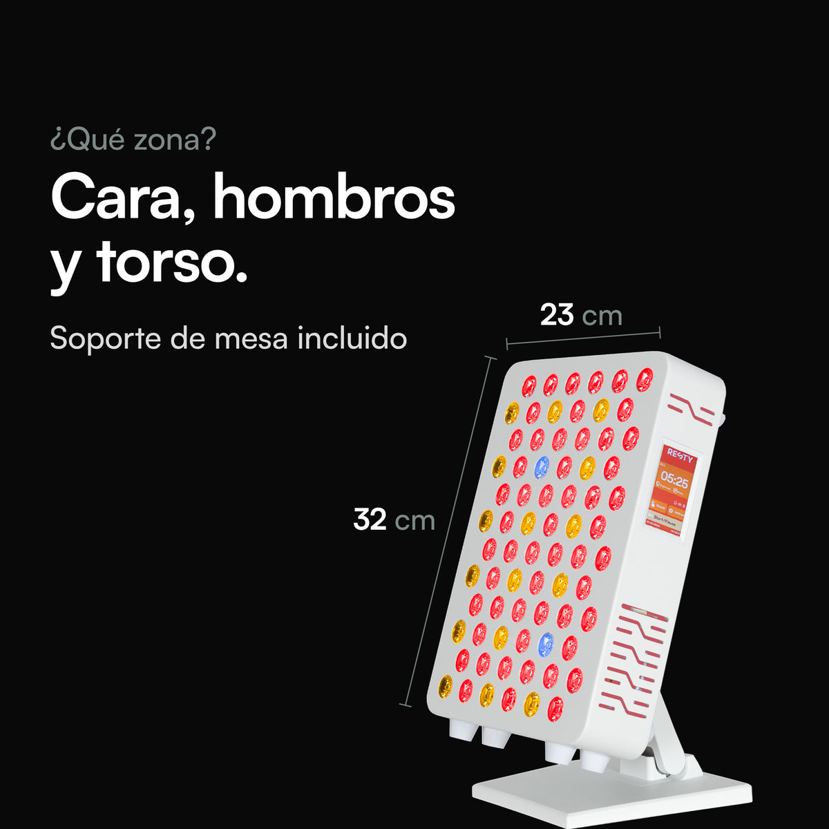 Resty MARS 600 sobre su soporte de mesa, 32 × 23 cm, para cara, hombros y parte superior del cuerpo