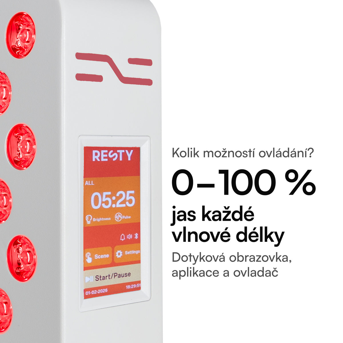 Dotykový displej Resty MARS 600: jas 0–100 % pro každou vlnovou délku, ovládání dotykovým displejem, aplikací nebo dálkovým ovladačem