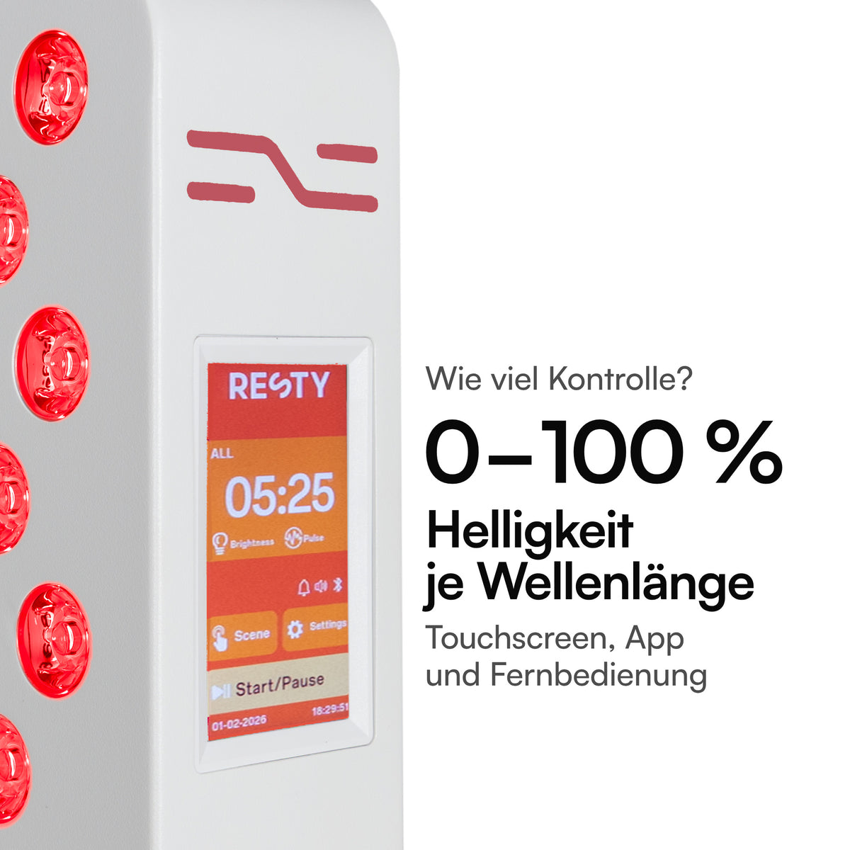 Touchscreen des Resty MARS 600: Helligkeit 0–100 % je Wellenlänge, Bedienung per Touchscreen, App oder Fernbedienung
