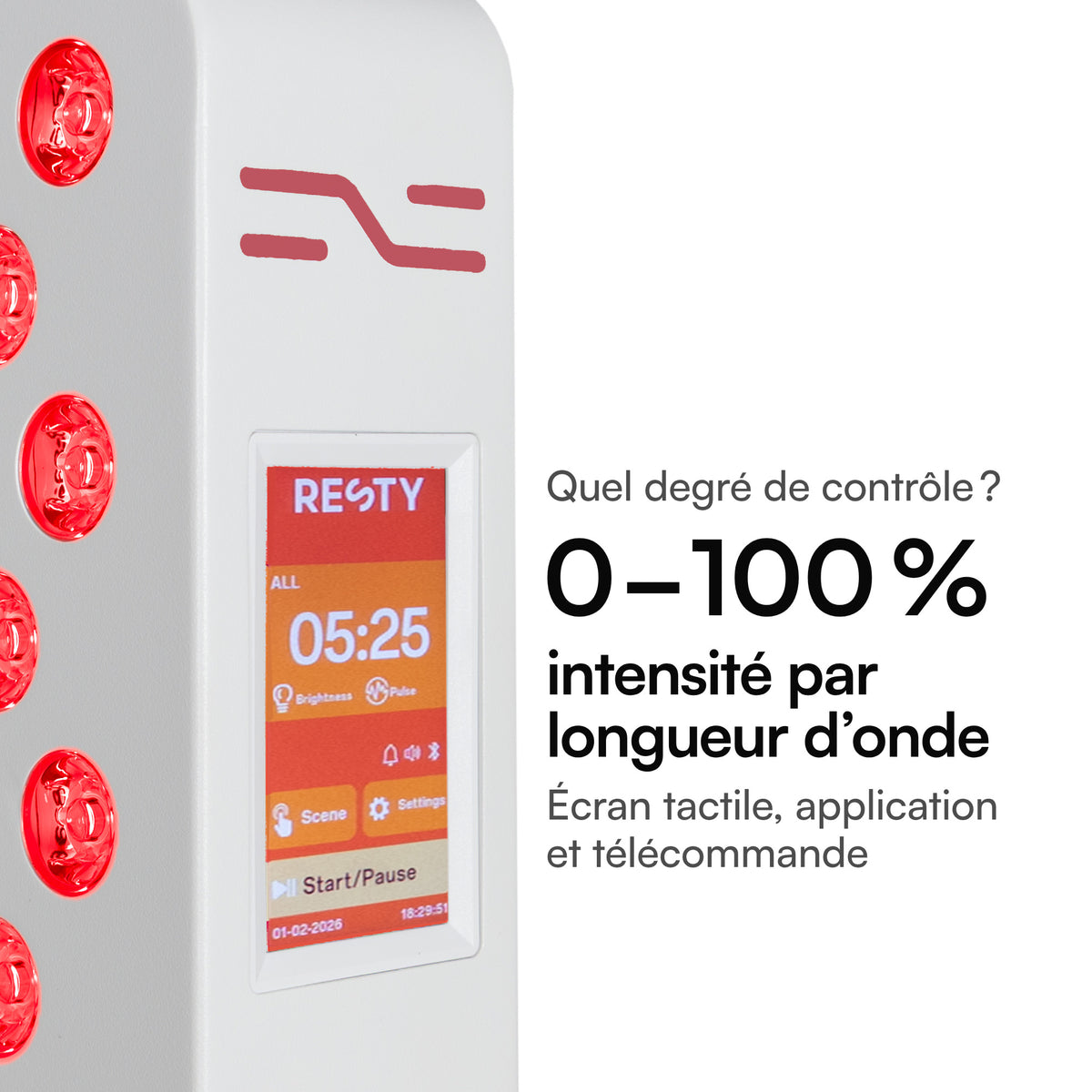 Écran tactile du Resty MARS 600 : intensité de 0 à 100 % par longueur d’onde, commande par écran tactile, application ou télécommande