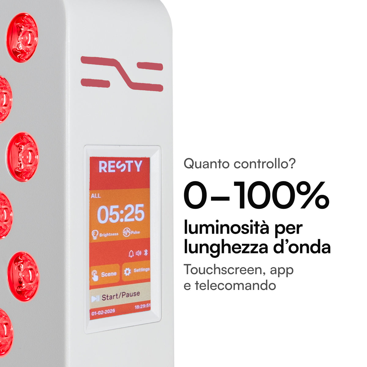 Touchscreen del Resty MARS 600: luminosità 0–100% per lunghezza d’onda, controllo tramite touchscreen, app o telecomando