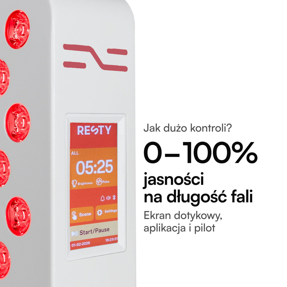 Ekran dotykowy Resty MARS 600: jasność 0–100% dla każdej długości fali, sterowanie ekranem dotykowym, aplikacją lub pilotem