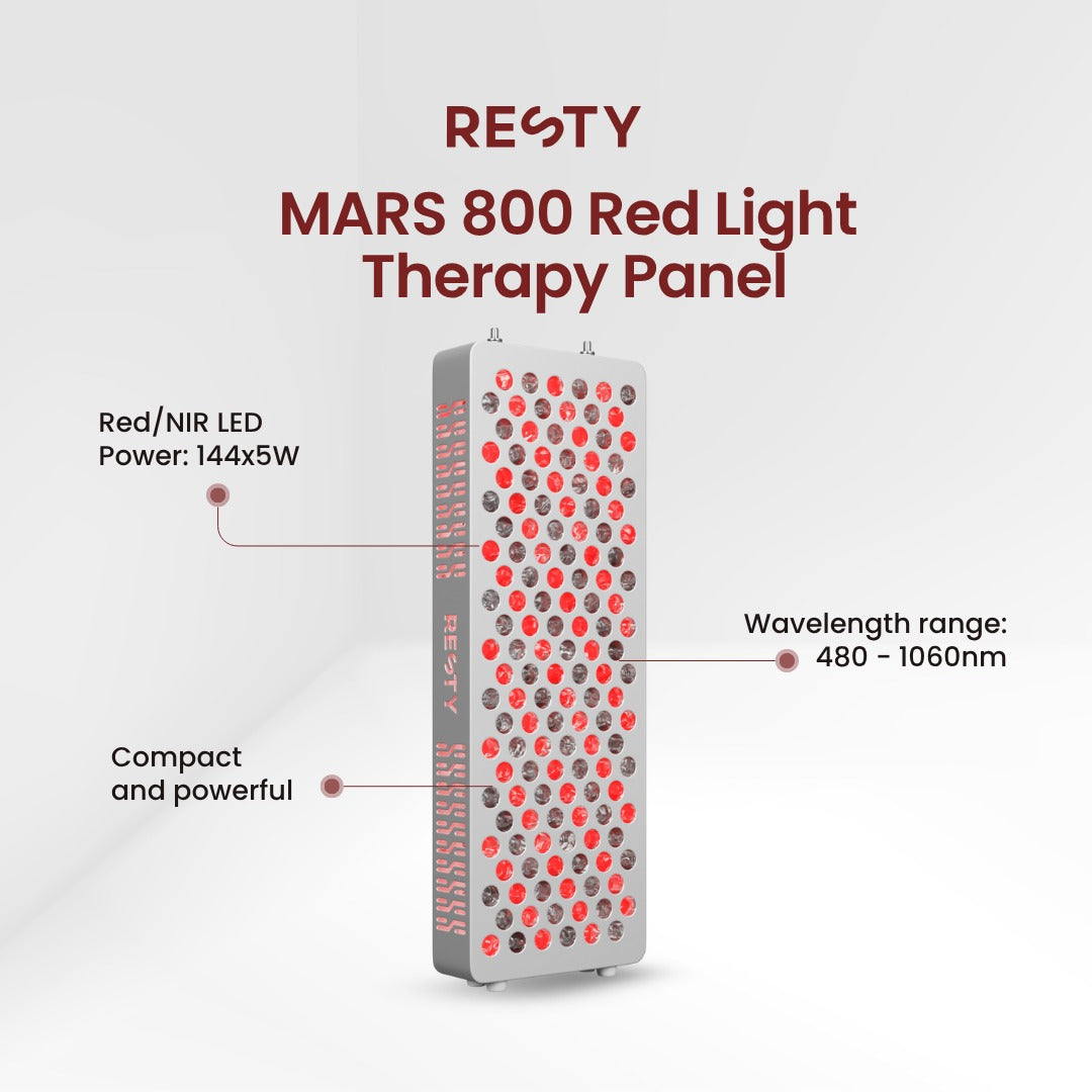 Vorderansicht eines Resty MARS 800 Rotlichtpanels neben Hinweisen zu Leistung und Wellenlänge