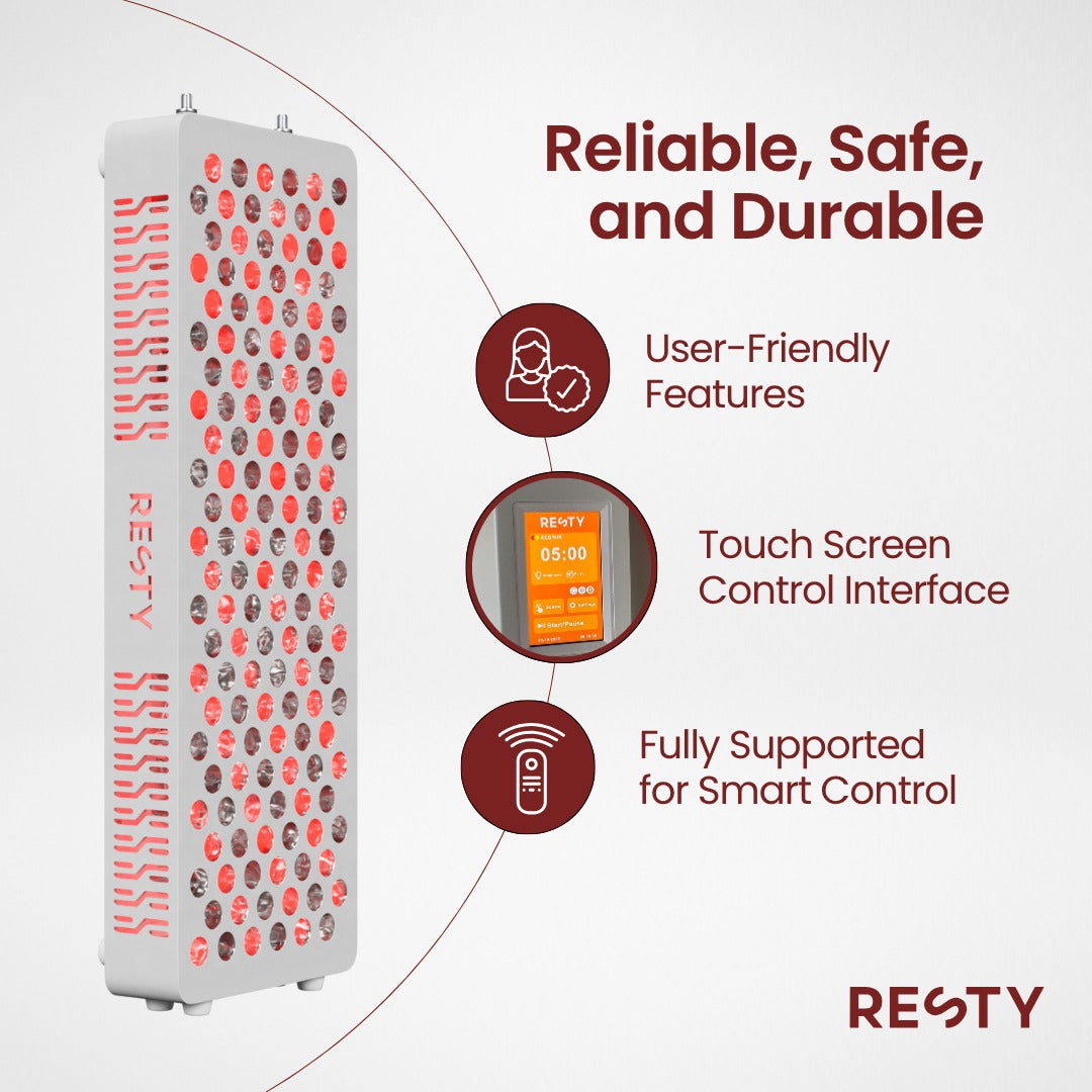 Resty MARS 800 Rotlichtpanel mit Hinweisen zu Touchscreen und Fernbedienung