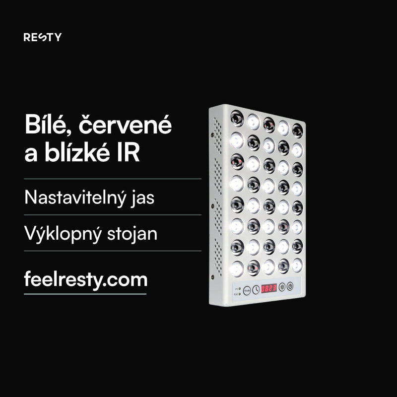 Produktové video – lampa denního světla Resty: panel se 40 LED (5 × 8) a schematický světelný svazek. Světelný tok 1 428 lm a spektrum v režimu FS podle zkušebního protokolu dodavatele na této stránce (EVERFINE HAAS-1200): viditelné světlo s červeným vrcholem při 664 nm a blízké infračervené světlo. Dva režimy: FS (bílé, červené a blízké infračervené světlo) a R/IR (sotva viditelné blízké infračervené světlo). Pět úrovní jasu (10, 25, 50, 75 a 100 %), vestavěný časovač, výklopný stojan.