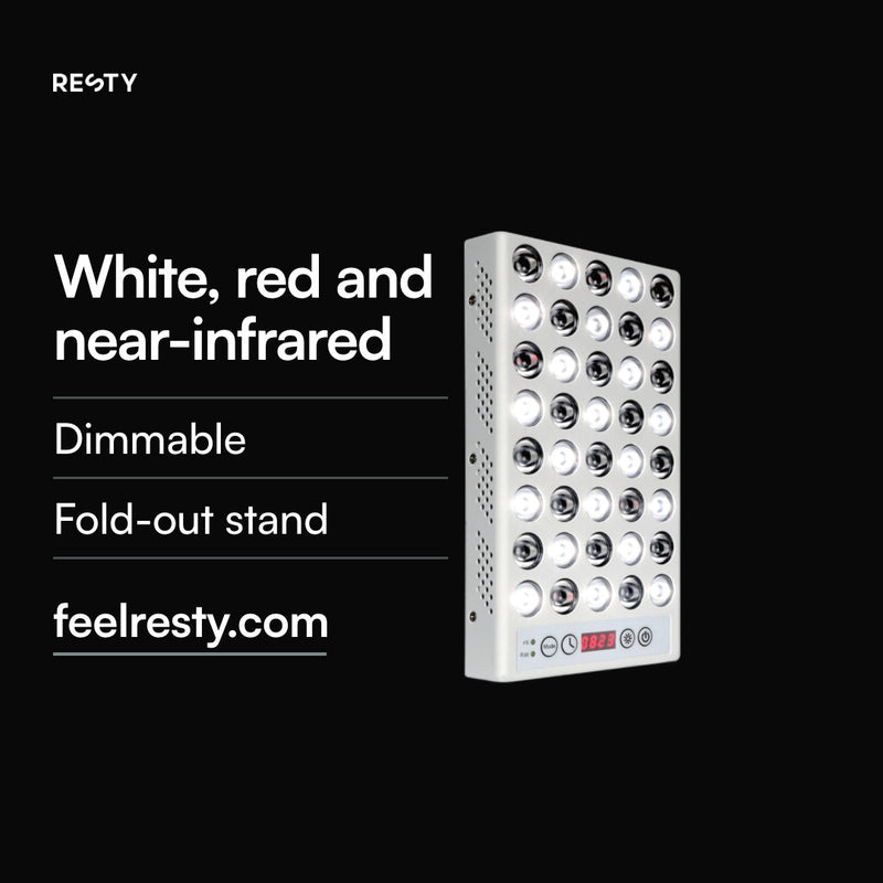 Product film of the Resty Daylight Lamp: a panel of 40 LEDs in 5 × 8 and a schematic light beam. Luminous flux 1,428 lm and FS-mode spectrum from the supplier's test report on this page (EVERFINE HAAS-1200): visible light with a red peak at 664 nm, plus near-infrared. Two modes: FS gives white, red and near-infrared, R/IR barely visible near-infrared. Dimmable in 5 levels (10, 25, 50, 75 and 100%), built-in timer, fold-out stand.
