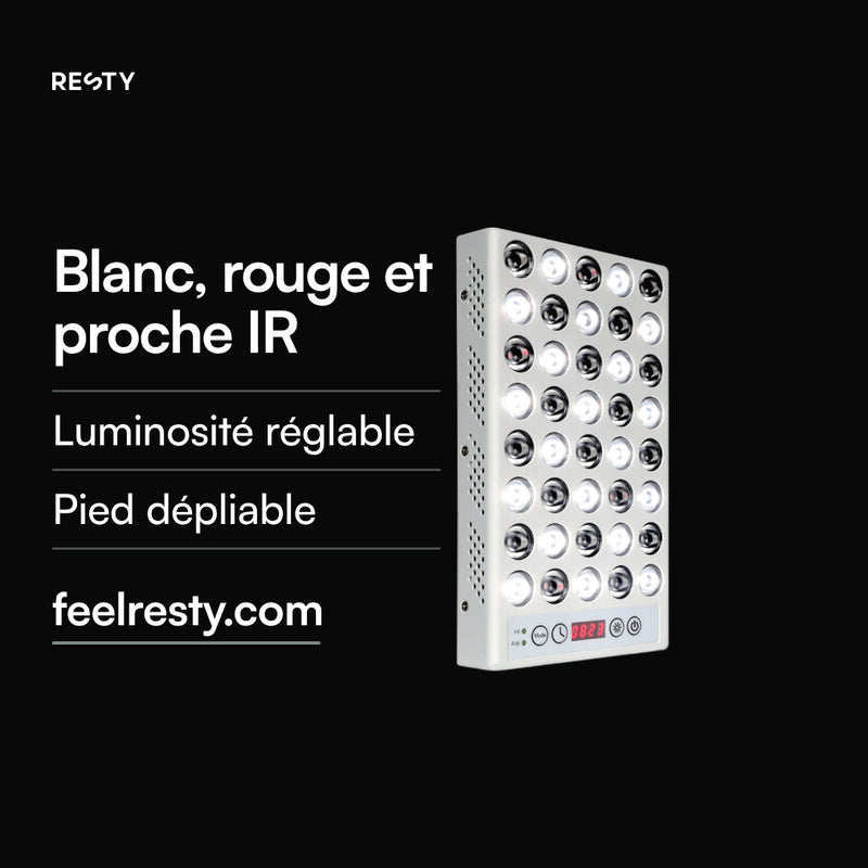 Vidéo de la lampe à lumière du jour Resty : un panneau de 40 LED (5 × 8) et un faisceau lumineux schématisé. Flux lumineux 1 428 lm et spectre du mode FS selon le rapport d’essai du fournisseur sur cette page (EVERFINE HAAS-1200) : lumière visible avec un pic dans le rouge à 664 nm, et du proche infrarouge. Deux modes : FS (blanc, rouge et proche infrarouge) et R/IR (proche infrarouge presque invisible). Cinq niveaux de luminosité (10, 25, 50, 75 et 100 %), minuteur intégré, pied dépliable.