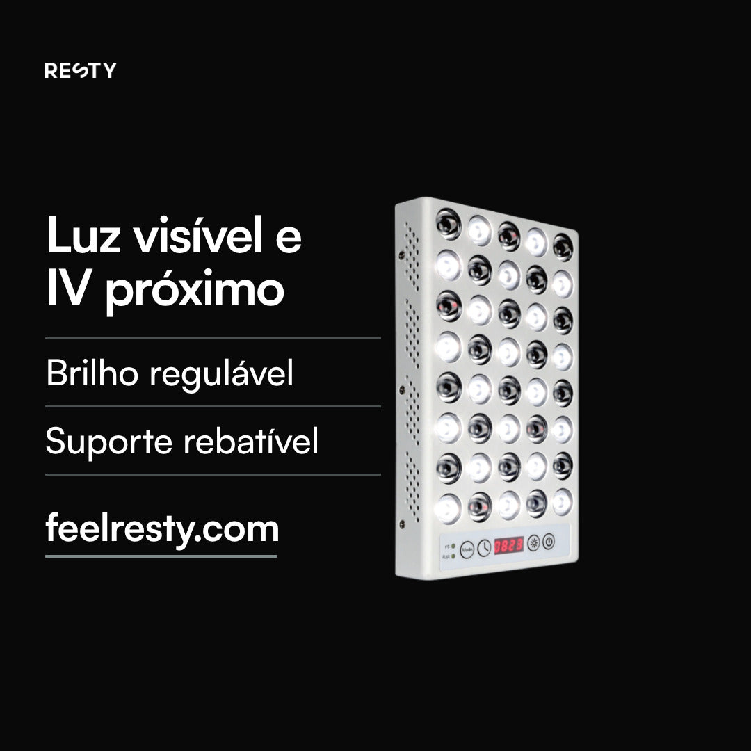 Vídeo da lâmpada de luz diurna Resty: painel de 40 LED em 5 × 8 e feixe de luz esquemático. Fluxo luminoso de 1428 lm e espetro do modo FS, segundo o relatório de ensaio do fornecedor nesta página (EVERFINE HAAS-1200): luz visível com pico no vermelho a 664 nm, mais infravermelho próximo. Dois modos: FS emite branco, vermelho e infravermelho próximo; R/IR, infravermelho próximo quase invisível. Brilho regulável em 5 níveis (10, 25, 50, 75 e 100%), temporizador integrado, suporte rebatível.