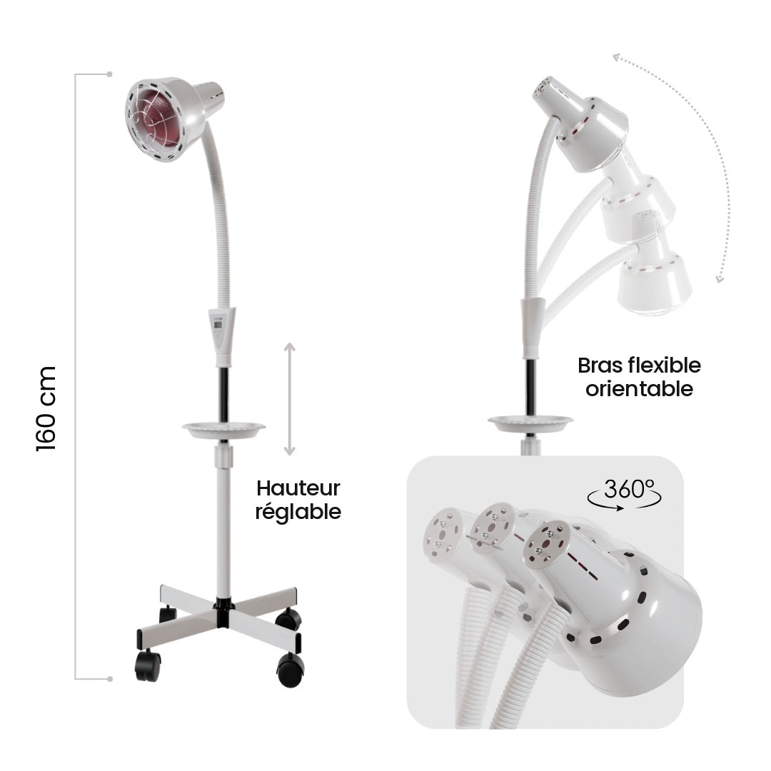 Lampe infrarouge Resty 275 W : hauteur réglable jusqu’à 160 cm et bras flexible orientable à 360°