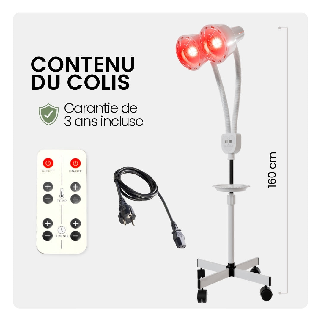 Contenu du colis de la lampe infrarouge Resty 550 W à deux têtes : lampe sur pied, télécommande et câble d’alimentation, garantie de 3 ans incluse