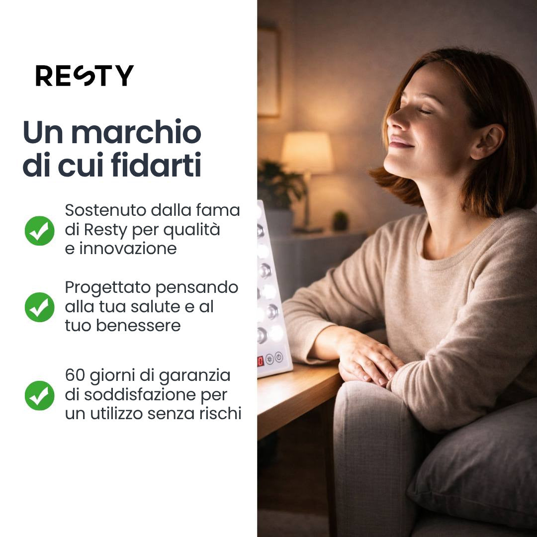 Donna accanto alla lampada Resty Daylight illuminata inclusa nel pacchetto Day & Night Light Routine