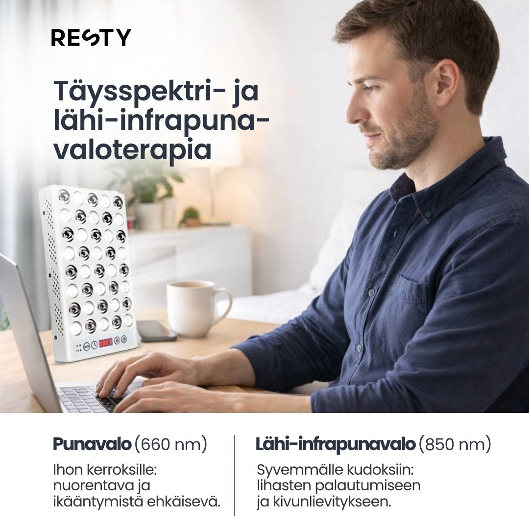 Mies työskentelee kannettavalla tietokoneella Resty-valopaneelin vieressä. Kuvan teksti: Täysspektri- ja lähi-infrapunavaloterapia. Punavalo (660 nm): ihon kerroksille, nuorentava ja ikääntymistä ehkäisevä. Lähi-infrapunavalo (850 nm): syvemmälle kudoksiin, lihasten palautumiseen ja kivunlievitykseen.