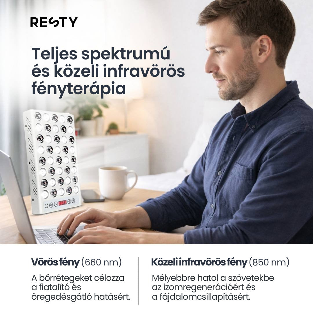 Resty fénypanel gombokkal és kijelzővel egy asztalon, mellette egy férfi laptopon dolgozik. Felirat: „Teljes spektrumú és közeli infravörös fényterápia” – Vörös fény (660 nm) és Közeli infravörös fény (850 nm).