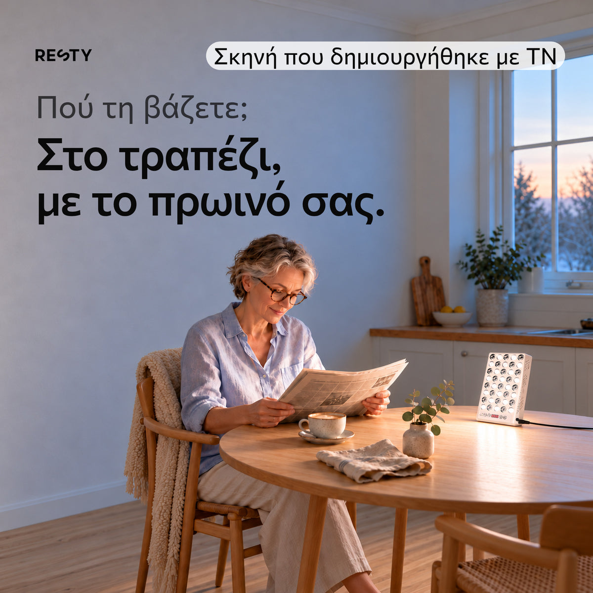 Σκηνή που δημιουργήθηκε με ΤΝ: μια γυναίκα διαβάζει εφημερίδα στο τραπέζι του πρωινού, όπου είναι αναμμένη η λάμπα φωτός ημέρας Resty.