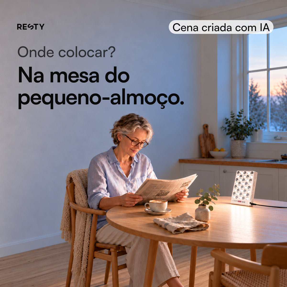 Cena criada com IA: uma mulher lê o jornal à mesa do pequeno-almoço, onde está ligada a lâmpada de luz diurna Resty.