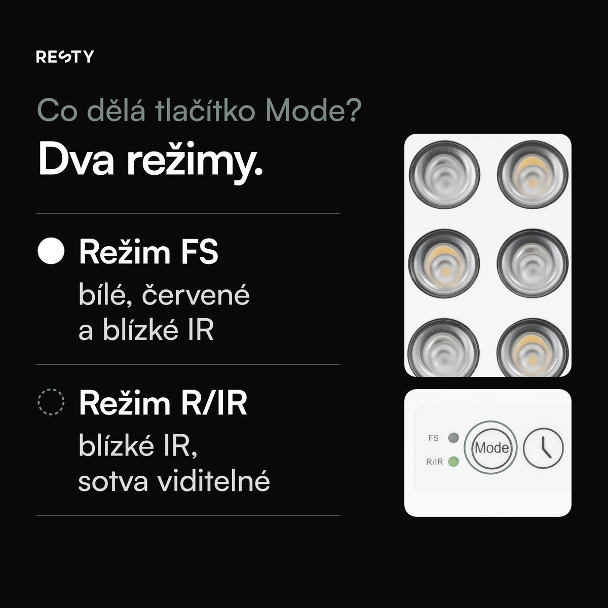 Lampa denního světla Resty zblízka: několik ze 40 LED (5 × 8) a tlačítko Mode s kontrolkami FS a R/IR. Dva režimy: FS vydává bílé, červené a blízké infračervené světlo; R/IR vydává blízké infračervené světlo, které je sotva viditelné.