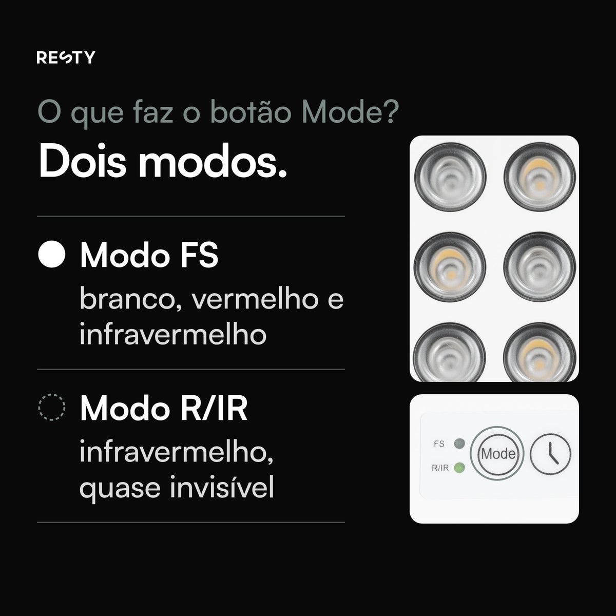 Grande plano de alguns dos 40 LED (5 × 8) da lâmpada de luz diurna Resty e do botão Mode com as luzes indicadoras FS e R/IR. Dois modos: o FS emite luz branca, vermelha e de infravermelho próximo; o R/IR emite infravermelho próximo, que é quase invisível.