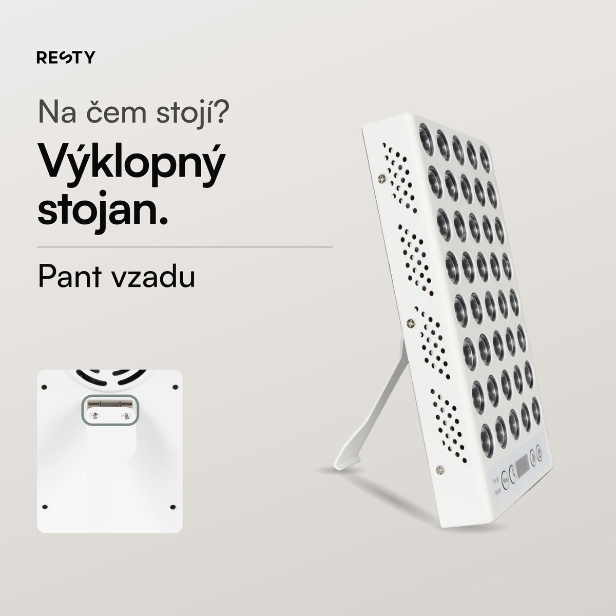 Lampa denního světla Resty z boku s vyklopeným stojánkem a pohled na zadní stranu s pantem.