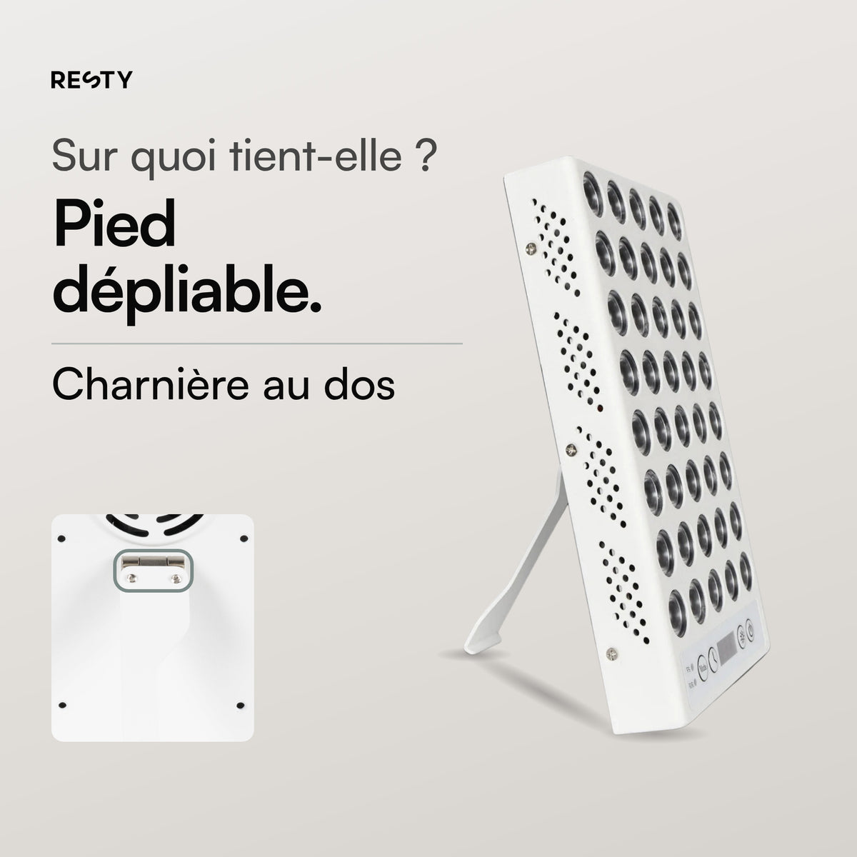 Lampe à lumière du jour Resty vue de profil avec le pied déplié, et vue de dos avec la charnière du pied.