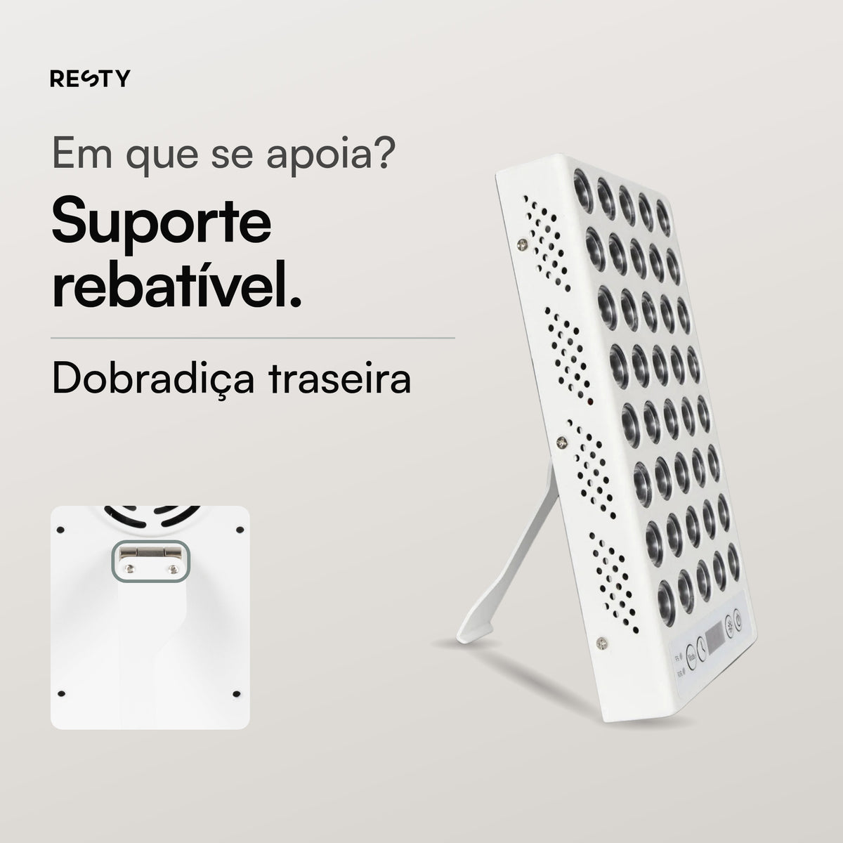 Lâmpada de luz diurna Resty vista de lado, com o suporte rebatível aberto, e a traseira com a dobradiça.