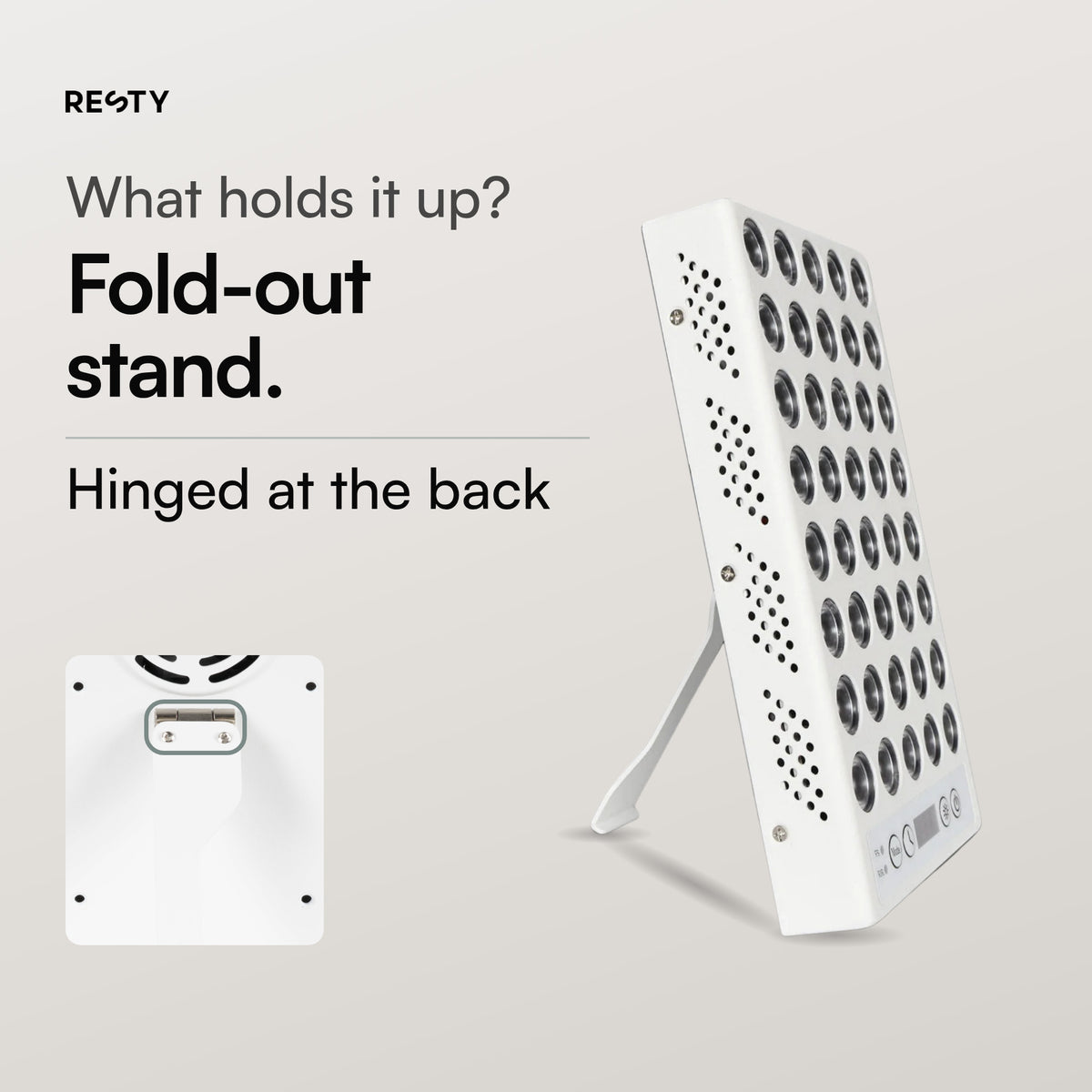 Resty Daylight Lamp from the side with the stand folded out, plus the back with the stand's hinge.