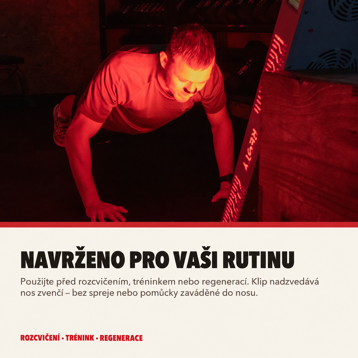 Resty Magnetic před rozcvičením, tréninkem nebo regenerací; klip působí zvenčí nosu, bez spreje a bez pomůcky uvnitř nosu.