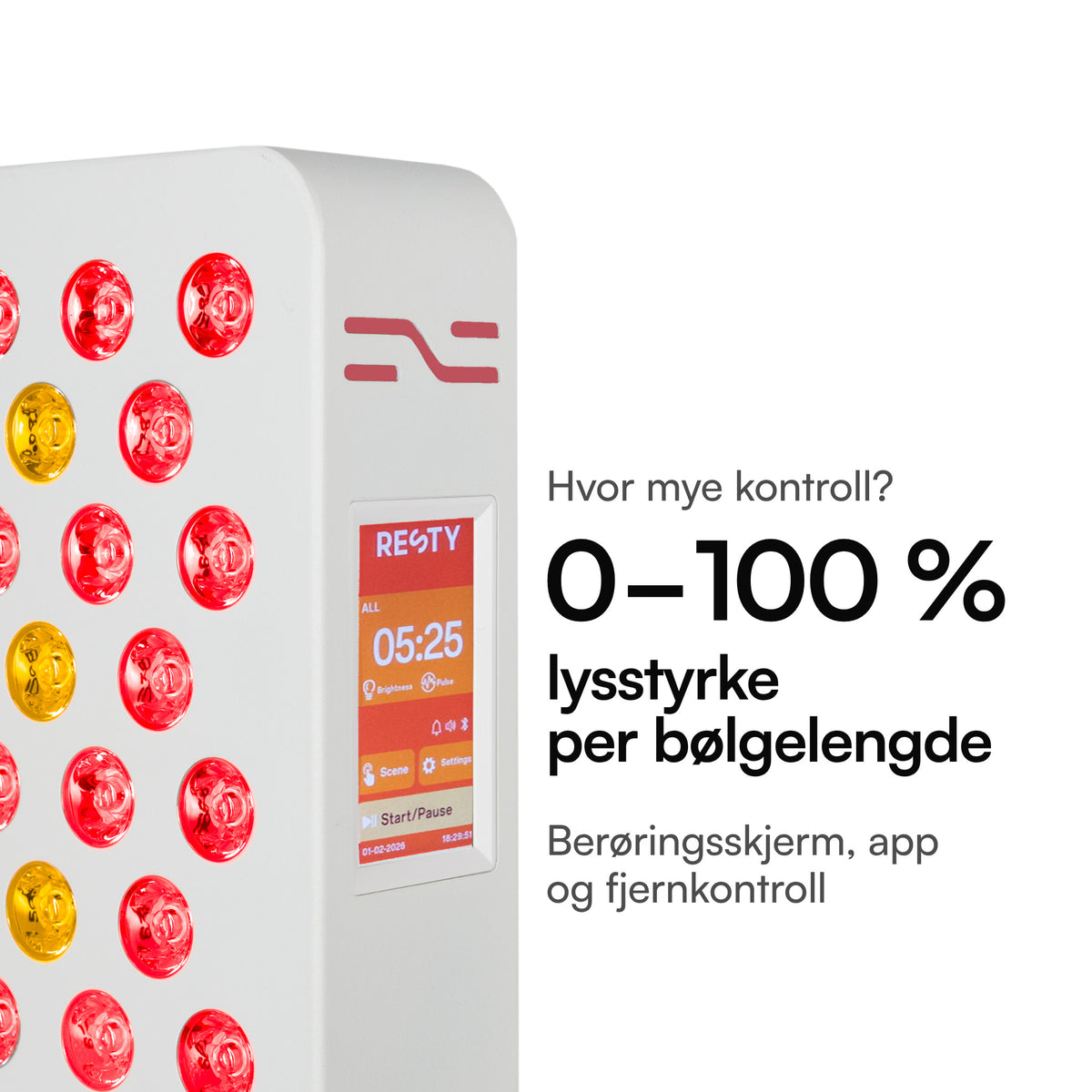 Resty MARS 1000: lysstyrke 0–100 % per bølgelengde. Berøringsskjerm, app og fjernkontroll