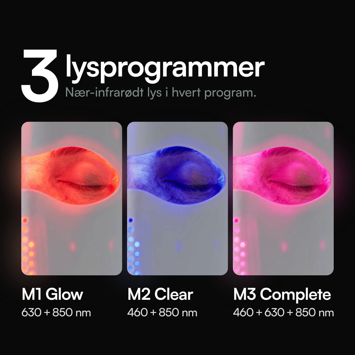 Tre lysprogrammer på Resty MARS 200 PRO: M1 Glow 630 + 850 nm, M2 Clear 460 + 850 nm, M3 Complete 460 + 630 + 850 nm