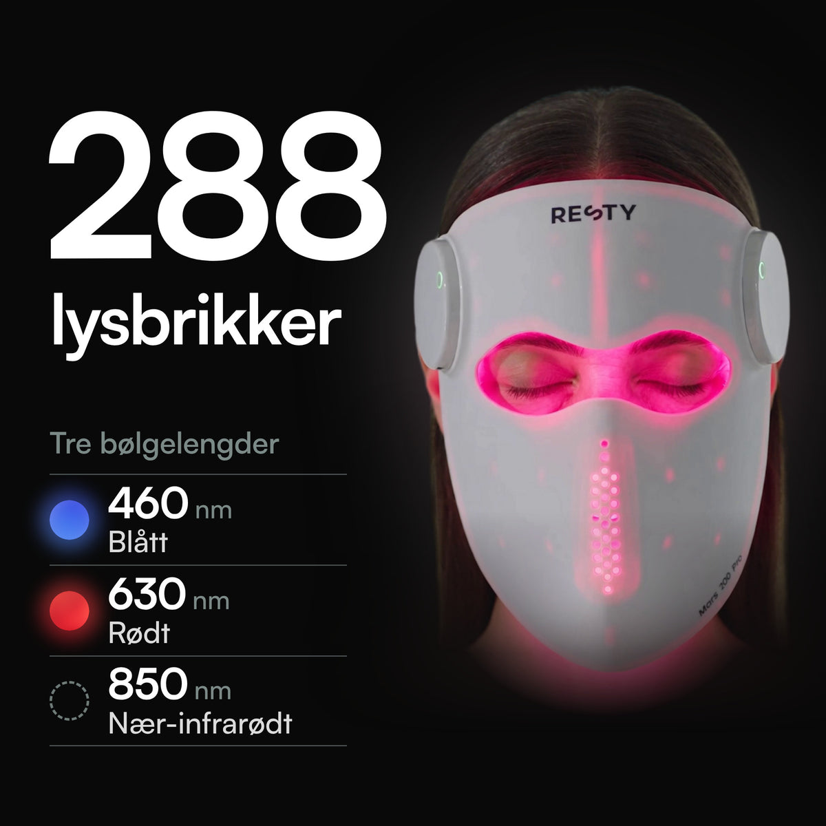 Resty MARS 200 PRO LED-ansiktsmaske med 288 lysbrikker i tre bølgelengder: 460 nm blått lys, 630 nm rødt lys og 850 nm nær-infrarødt lys