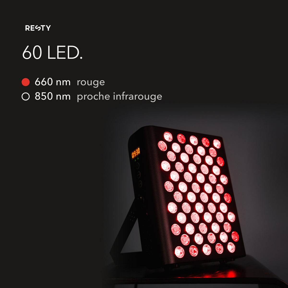 Panneau Resty MARS 400 allumé : 60 LED, rouge 660 nm et proche infrarouge 850 nm