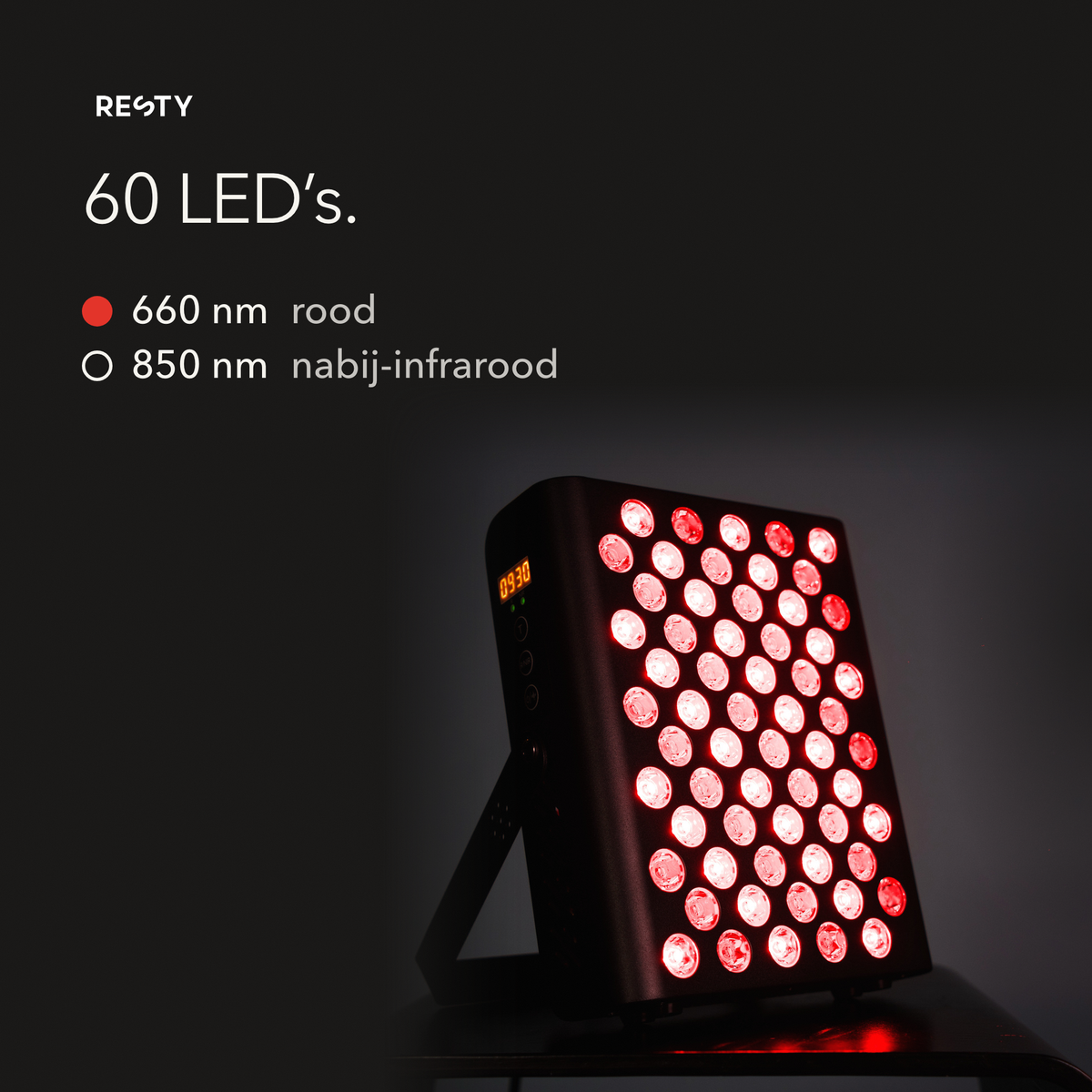 Resty MARS 400 roodlichtpaneel aan: 60 LED's met 660 nm rood en 850 nm nabij-infrarood licht