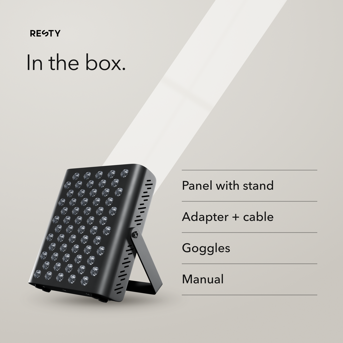 In the box: Resty MARS 400 panel with stand, adapter and cable, goggles and user manual