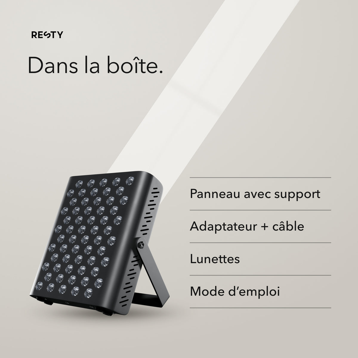 Dans la boîte : panneau Resty MARS 400 avec support, adaptateur et câble, lunettes et mode d’emploi