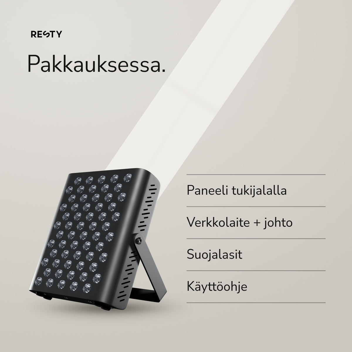 Resty MARS 400 tukijalallaan vaalealla taustalla ja luettelo pakkauksen sisällöstä. Kuvan teksti: Pakkauksessa. Paneeli tukijalalla, verkkolaite + johto, suojalasit, käyttöohje.