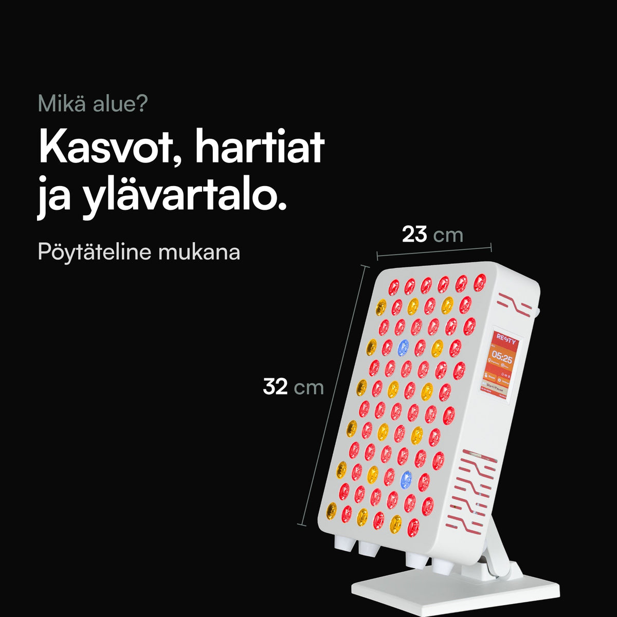 Resty MARS 600 pöytätelineessä mustalla taustalla, mitat 32 × 23 cm merkitty viivoin. Kuvan teksti: Mikä alue? Kasvot, hartiat ja ylävartalo. Pöytäteline mukana.