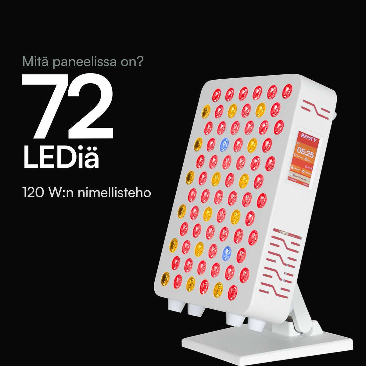 Resty MARS 600 pöytätelineessä mustalla taustalla, LEDit palavat. Kuvan teksti: Mitä paneelissa on? 72 LEDiä. 120 W:n nimellisteho.