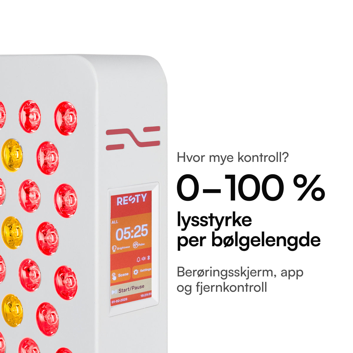 Resty MARS 800: lysstyrke 0–100 % per bølgelengde. Berøringsskjerm, app og fjernkontroll
