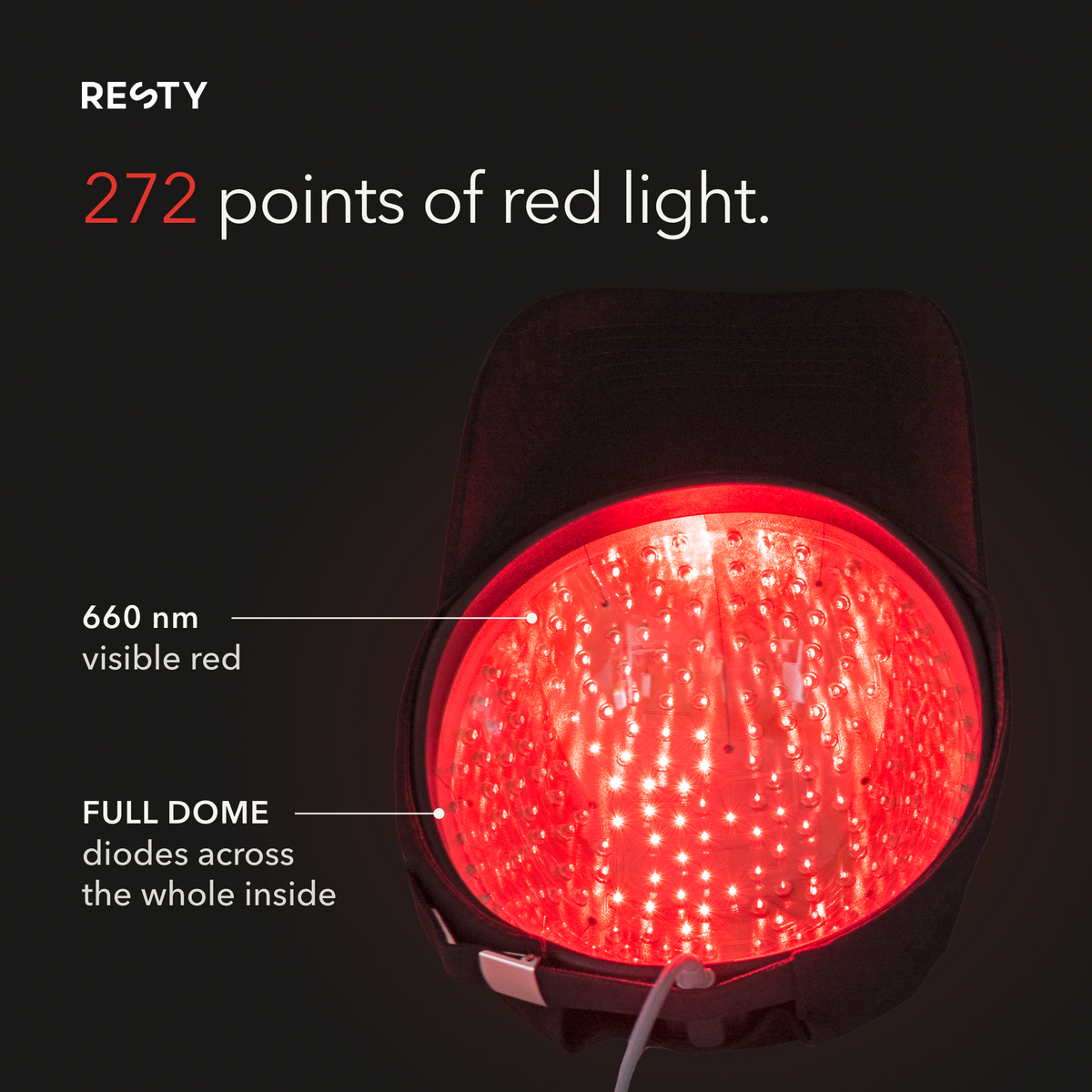 Resty MARS Laser Cap switched on: 272 points of 660 nm red light across the whole inner dome