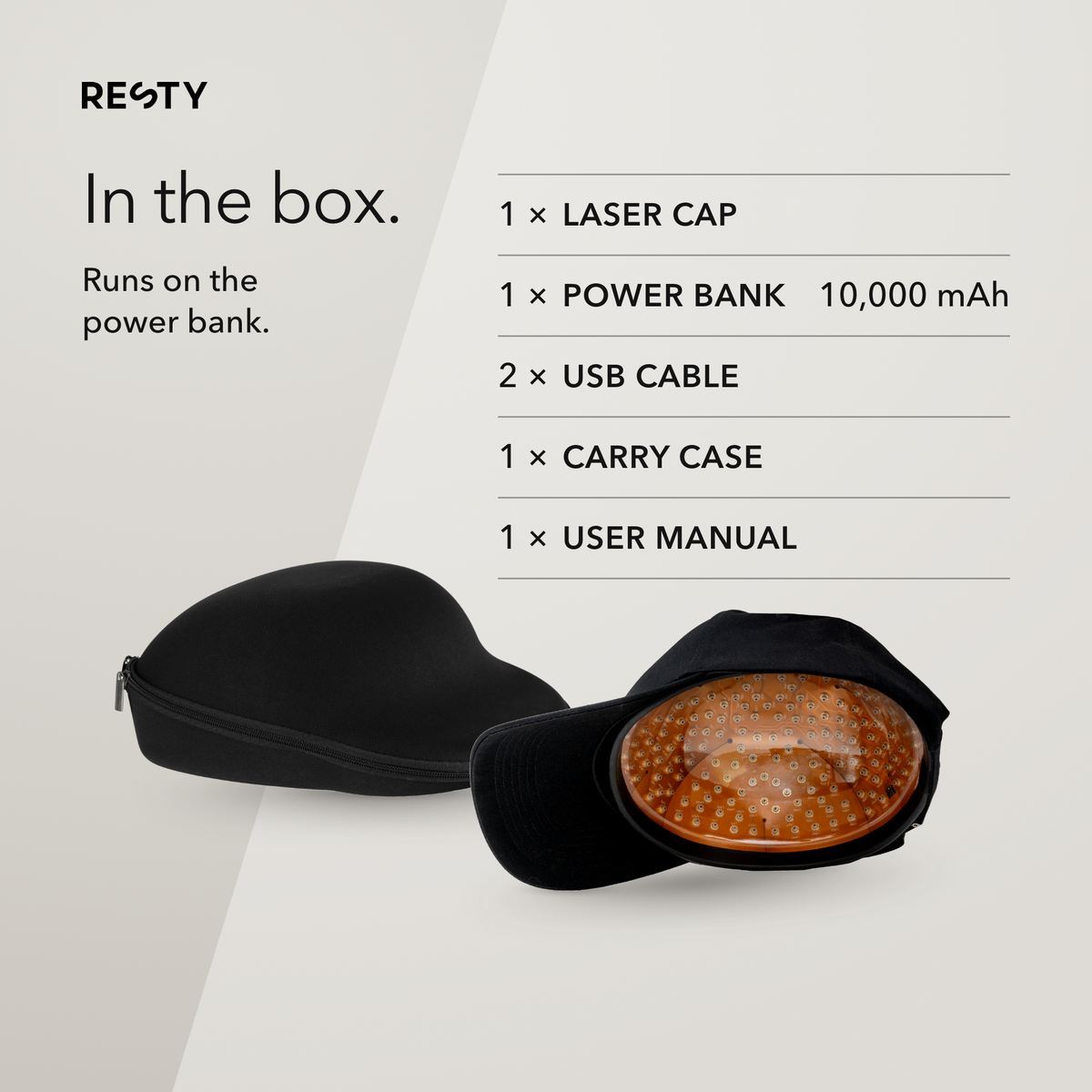 In the box: Resty MARS Laser Cap, 10,000 mAh power bank, 2 USB cables, carry case and user manual
