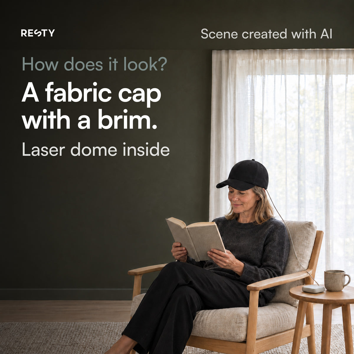 Scene created with AI: a woman sits in a wooden armchair at home in front of a window with sheer white curtains, reading a book. She wears the Resty MARS Laser Cap, a black fabric cap with a brim; the laser dome sits inside. A thin light-grey cable runs from the back edge of the cap behind her shoulder and over the back of the armchair to the power bank on the round side table next to it.