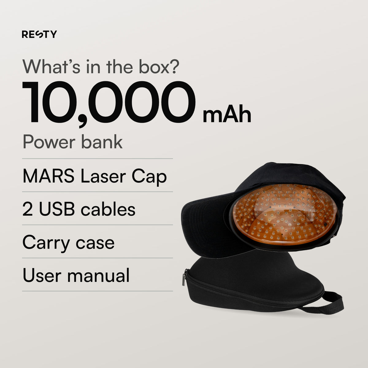 In the box: the Resty MARS Laser Cap, a 10,000 mAh power bank, 2 USB cables, a carry case and a user manual. Real photos of the cap and the black zip carry case.