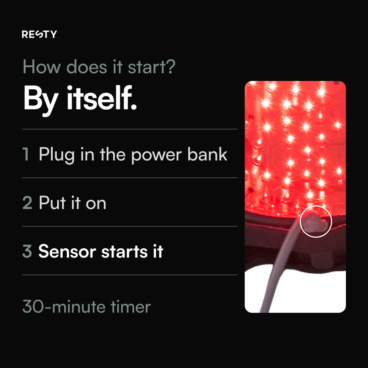 How the Resty MARS Laser Cap starts: plug in the power bank, put the cap on and it starts by itself via a head sensor. 30-minute timer. Real photo of the back edge with the cable connection and the light-grey cable to the power bank.