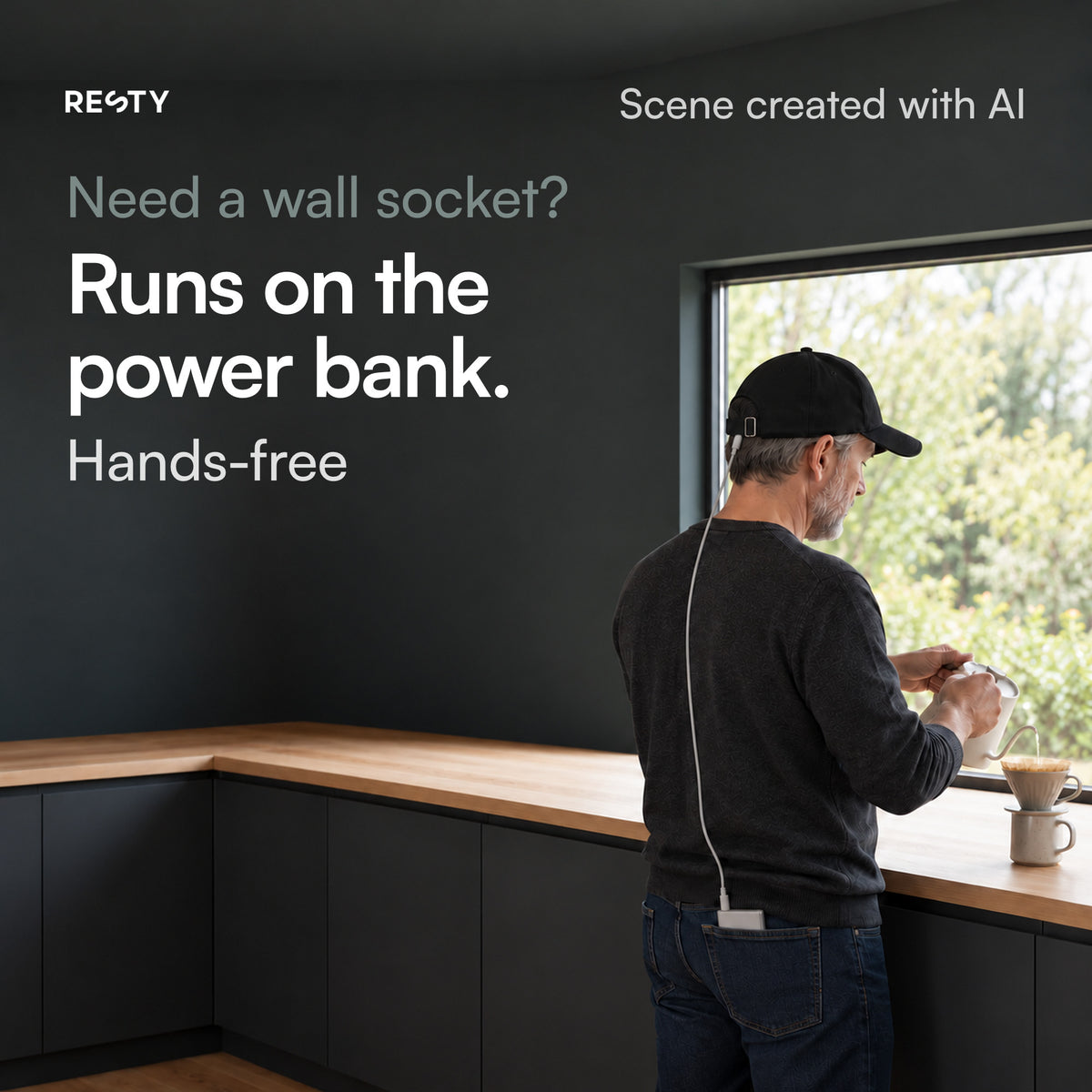 Scene created with AI: a man stands at the kitchen worktop by a large window making pour-over coffee, wearing the Resty MARS Laser Cap. A thin light-grey cable runs from the back edge of the cap straight down his back to the power bank in his back pocket: no wall socket needed during use, hands-free.