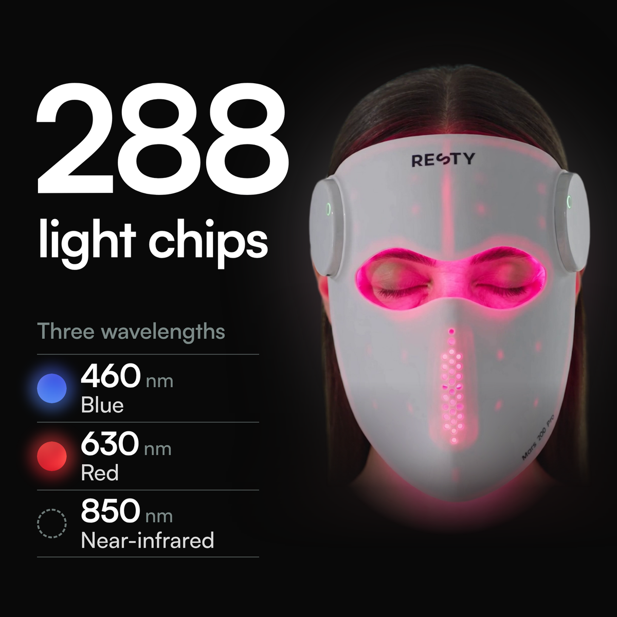 Resty MARS 200 PRO LED-kasvonaamio, jossa on 288 valosirua kolmella aallonpituudella: 460 nm sininen, 630 nm punainen ja 850 nm lähi-infrapuna