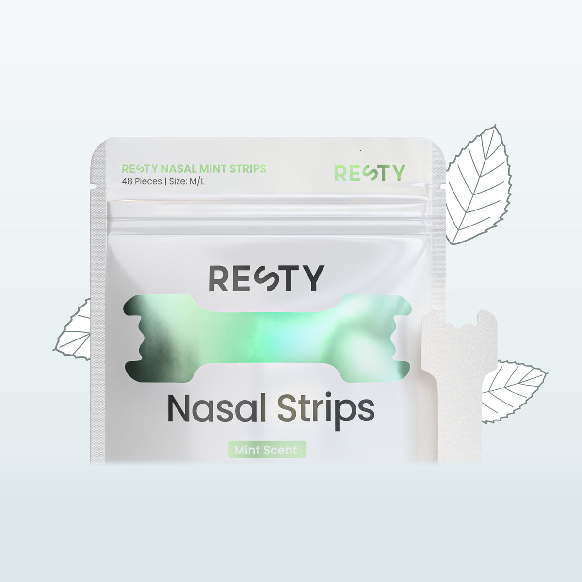 Resty Minty pouch with its mint-coloured window and the words Mint Scent, with drawn mint leaves and snow crystals.